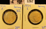 1262 . 1934-A And 1934-E Silver German 2 Mark Coins With Swastikas And Eagles On The Reverse