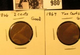 980 . 1866 & 1867 Two-Cent Piece, Good.