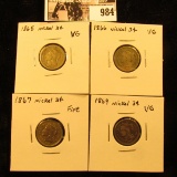 984 . 1865 VG, 1866 VG, & 1867 Fine, & 1869 VG U.S. Three-Cent Nickels.