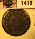 1419 . 1827 U.S. Large Cent, VG-F. Rim dings.