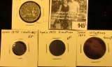 945 . Spain 1870 One Cent, EF; 2c VF, 10c Good, & 2 Pesetas VF. (4 coins).