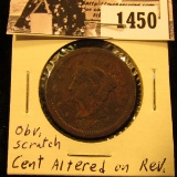 1450 . 1849 U.S. Large Cent, Very Fine. Cent altered on reverse to profanity.