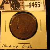 1455 . 1851 U.S. Large Cent, Fine. Large obverse gash.