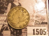 1505 . 1883 No Cents U.S. Liberty “V” Nickel. VF.