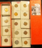 1721 . 9” Stock box with 2 x 2 carded Lincoln Cents dating from 1943-1986, lots of BU coins, 1954 S