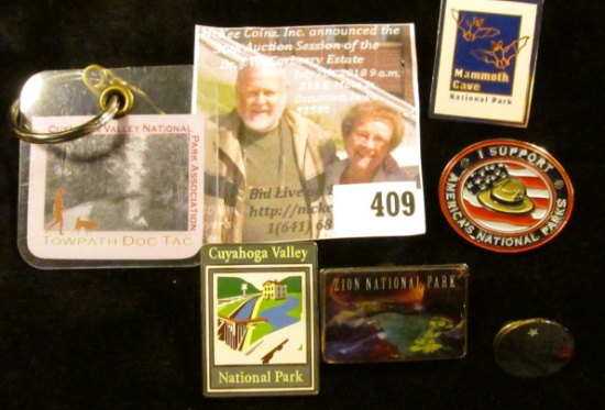 (6) National Park related pins and keychains (Cuyahoga Valley National Park, Zion National Park, Mam