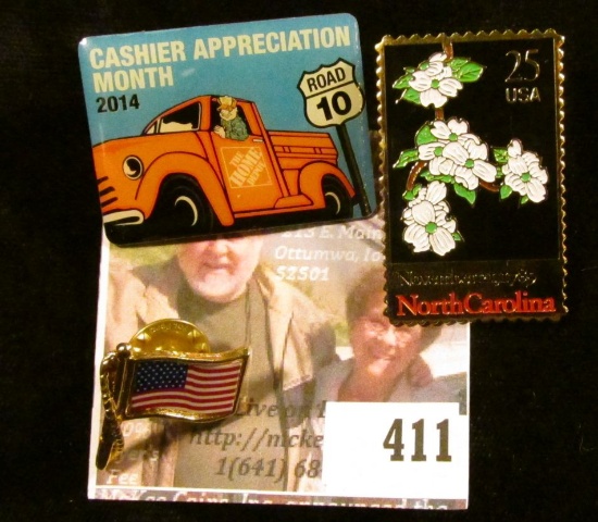 (3) random pins – NC 25 cent stamp, Home Depot with an old truck, American Flag