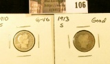 1910 S G-VG & 1913 S Good U.S. Barber Dimes.