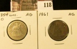 1854 O Arrows at date & 1861 U.S. Seated Liberty Quarters, both AG.