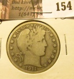 1911 D Barber Half Dollar, VG.