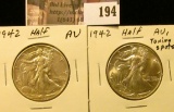 (2) 1942 P Walking Liberty Half Dollars, AU.