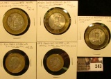 Mexico Assortment Sterling Silver Centers $10, $20, $50, & $100 Pesos. Five Coins with total silver