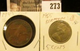 1943 Australia Half Penny & 1965 Bahama Five Cent Coins.
