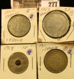 French Coins: 1918 Ten Centimes, 1947 Two Francs, 1915 & 1944 One Franc.