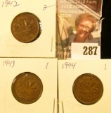 1942 Red-Brown BU, 1943 EF, & 1944 EF Canada Small Cents