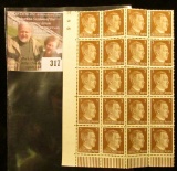 Block of Twenty Nazi Germany 3 pfennig Stamps depicting Adolf Hitler, Mint, Unused.