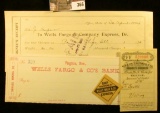 Four pieces of late 1800 early 1900 Wells fargo & Co. Bank checks and miscellaneous memorabilia.