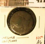 1773 US Colonial Virginia Halfpenny, AG, value $25+
