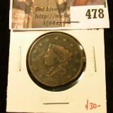 1820 Large Cent, F, clipped, value $30