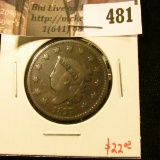 1827 Large Cent, G/VG, value $22