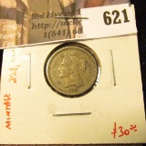 1875 3 Cent Nickel, low mintage (228,000), F, value $30