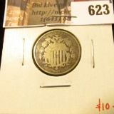 1867 No Rays Shield Nickel, G, value $10