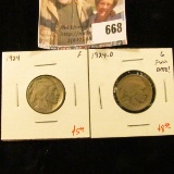 (2) Buffalo Nickels, 1924 F & 1924-D G, full date, value for pair $13+