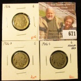 (3) Buffalo Nickels, 1926 G, 1926-D G, 1926-S G partial date (key date, low mintage), group value $3