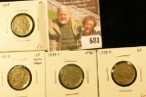 (4) Buffalo Nickels, 1937 XF, 1937-D XF, 1937-S VF30, 1938-D XF, group value $15