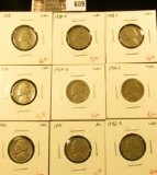 (9) Jefferson Nickels, 1938PDS, 1939PDS, 1942-D, all in circulated grades, 1940 UNC, 1941 AU, group