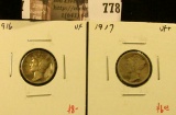 (2) Mercury Dimes, 1916 & 1917, both VF, value for pair $14