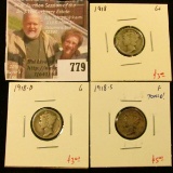 (3) Mercury Dimes, 1918 G, 1918-D G, 1918-S F toned, group value $11