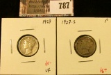 (2) Mercury Dimes, 1927 VF, 1927-S F, value for pair $11