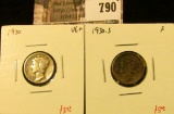 (2) Mercury Dimes, 1930 VG+, 1930-S F, value for pair $8+