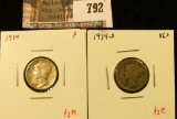 (2) Mercury Dimes, 1934 F, 1934-D VG+, value for pair $5+
