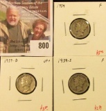 (3) Mercury Dimes, 1939 F, 1939-D VF+, 1939-S F, group value $9+