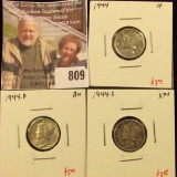 (3) Mercury Dimes, 1944 VF, 1944-D AU, 1944-S, XF+, group value $11+