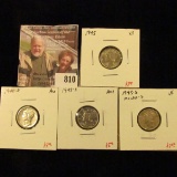 (4) Mercury Dimes, 1945 XF, 1945-D AU, 1945-S, AU+, 1945-S Micro S, VF, group value $16+