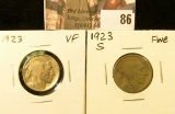 1923 P VF & 23 S Fine Buffalo Nickels.