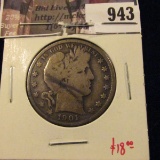 1901 Barber Half Dollar, VG, value $18