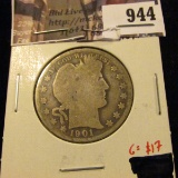 1901-O Barber Half Dollar, G obverse, AG reverse, G value $17