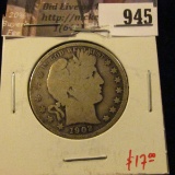 1902 Barber Half Dollar, G, value $17