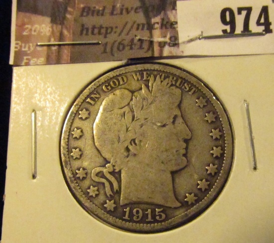 974 . 1915-S Barber Half Dollar, VG, value $16