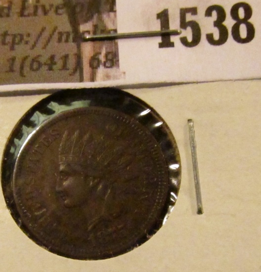 1538 . 1875 Indian Head Cent, VF, reverse corrosion.