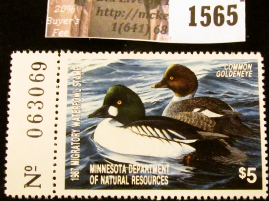 1565 . 1987 Minnesota Migratory Waterfowl $5 Stamp, full tab. Depic