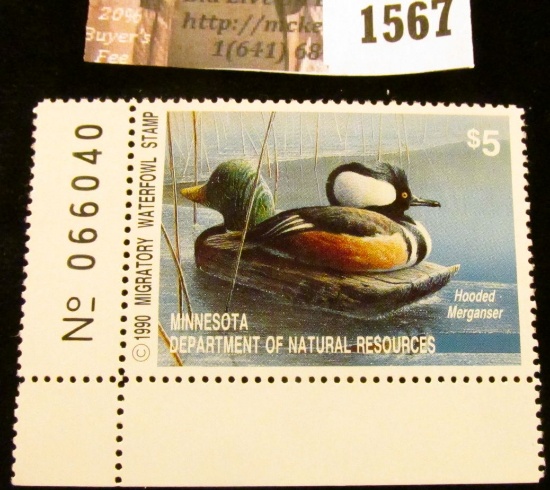 1567 . 1990 Minnesota Migratory Waterfowl $5 Stamp, full tab. Depic
