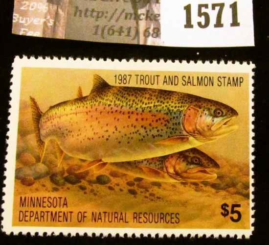 1571 . 1987 Minnesota Trout and Salmon $5 Stamp. Mint, NH, Depicts