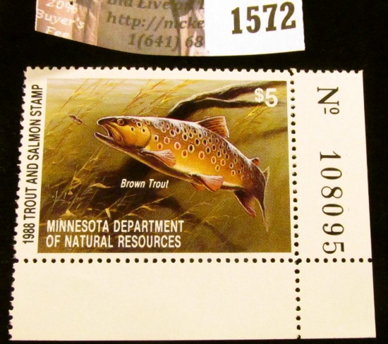 1572 . 1988 Minnesota Trout and Salmon $5 Stamp. Mint, NH, Depicts