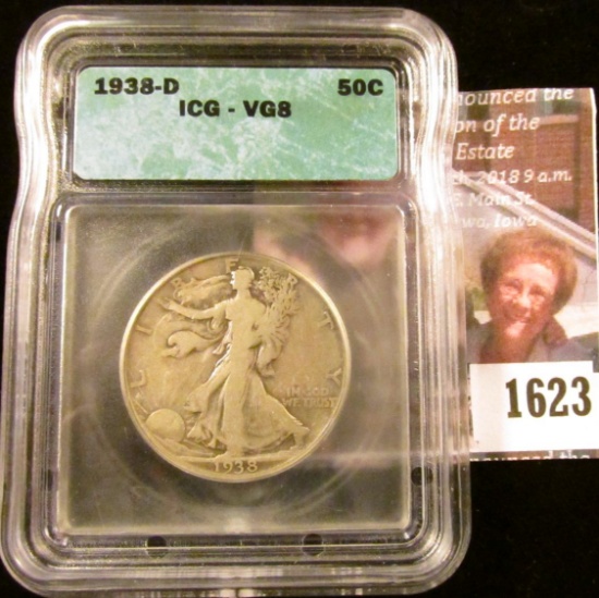 1623 . 1938-D Key Date Walking Liberty Half Dollar Graded Very Good