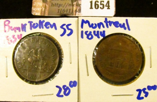 1654 . Montreal Canada 1844 Half Penny Bank Token and 1854 Bank Of
